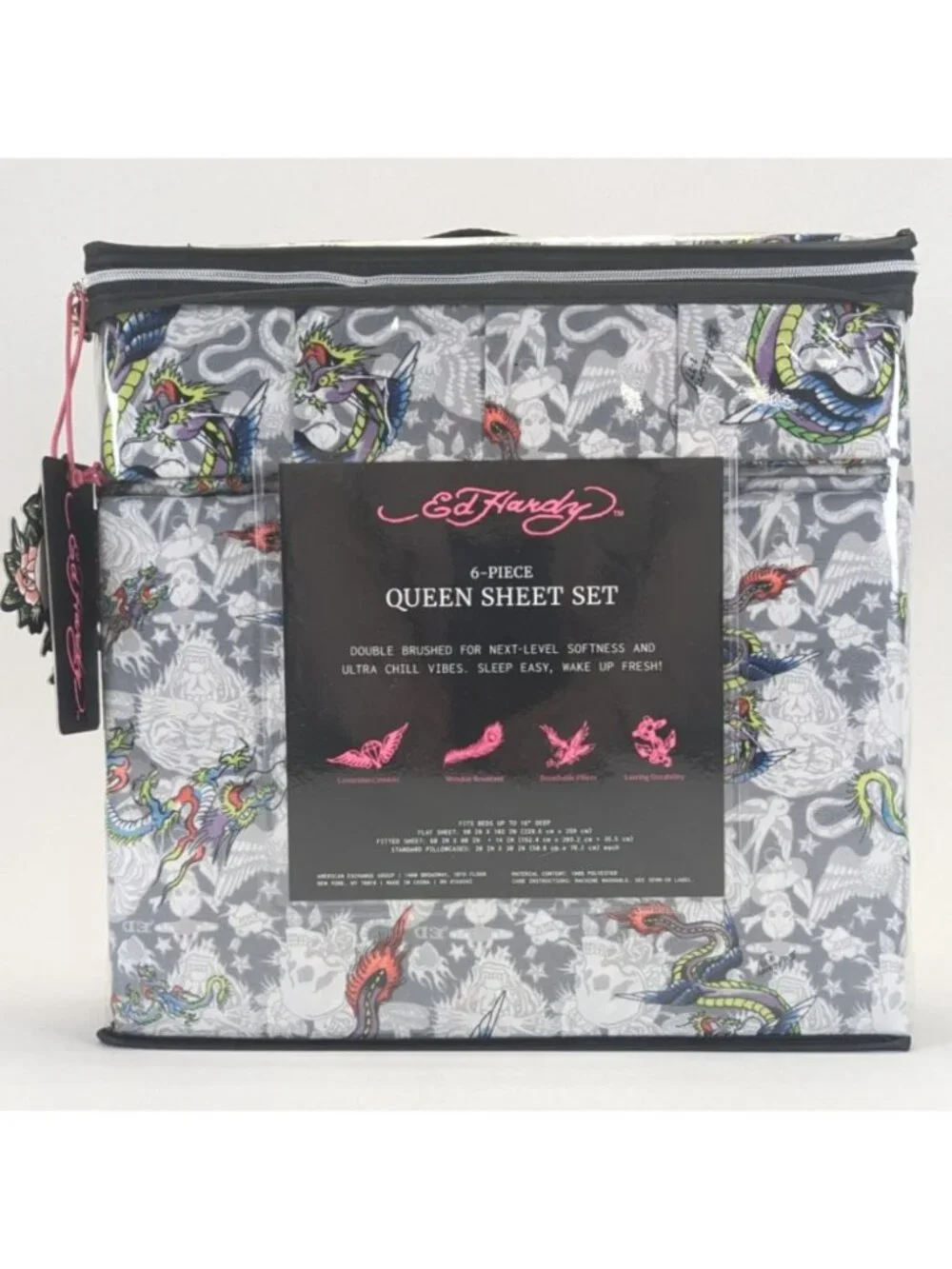Ed Hardy Queen Sheet Set 6-Piece w 4 Pillowcases White Gray Tattoo Dragon Skill